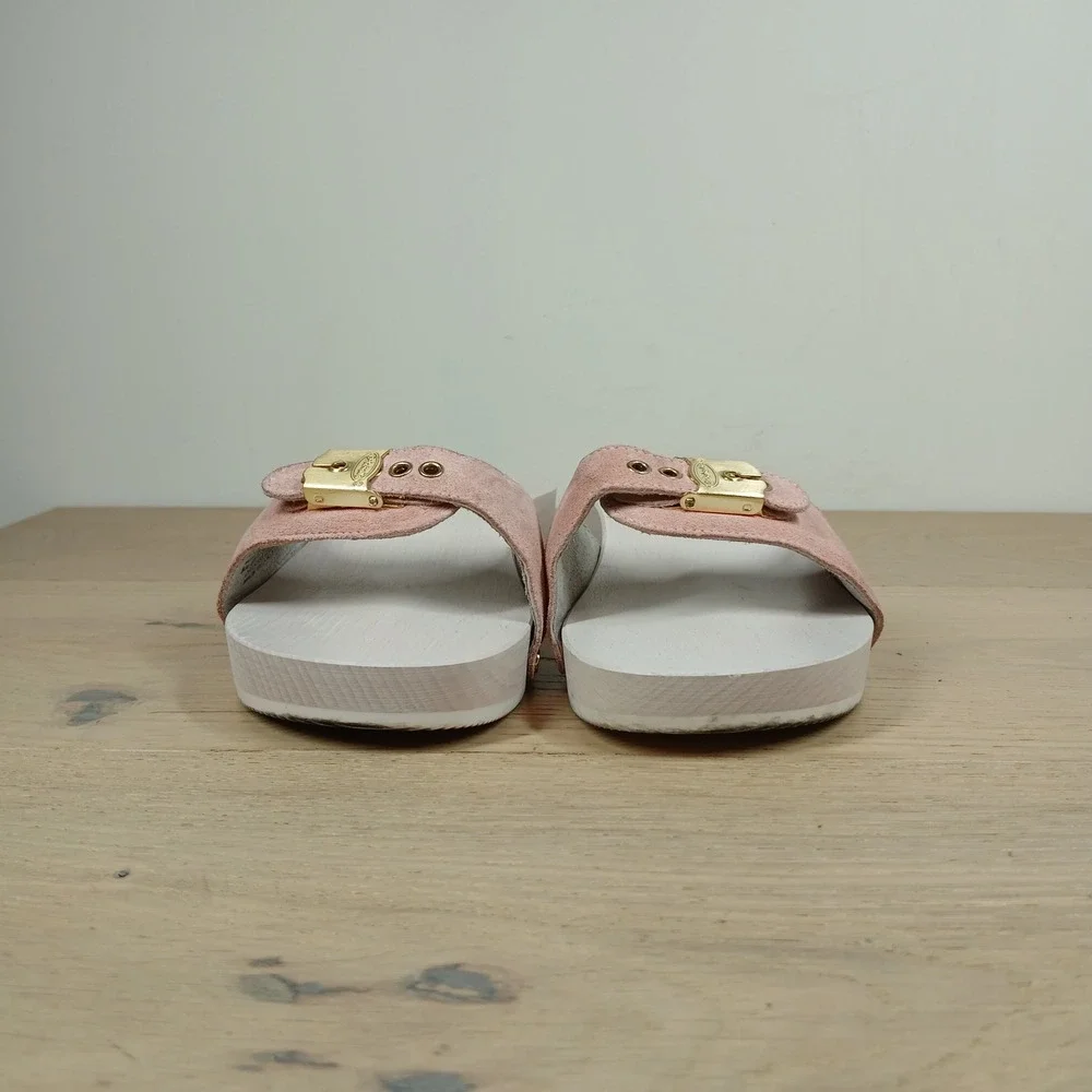Dr Scholls Slide Sandals Women's 9 Pink Suede Wood Platform Buckle Retro